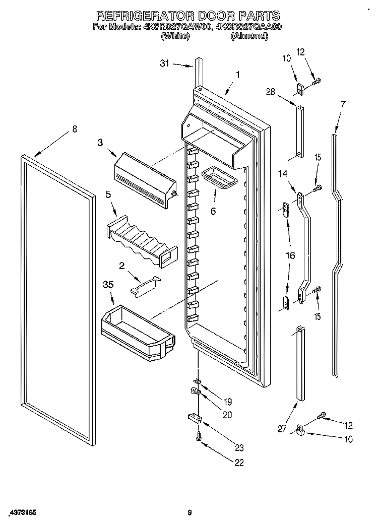 REFRIGERATOR DOOR Diagram and Parts List for 4KSRS27QAA00  KitchenAid Refrigerator