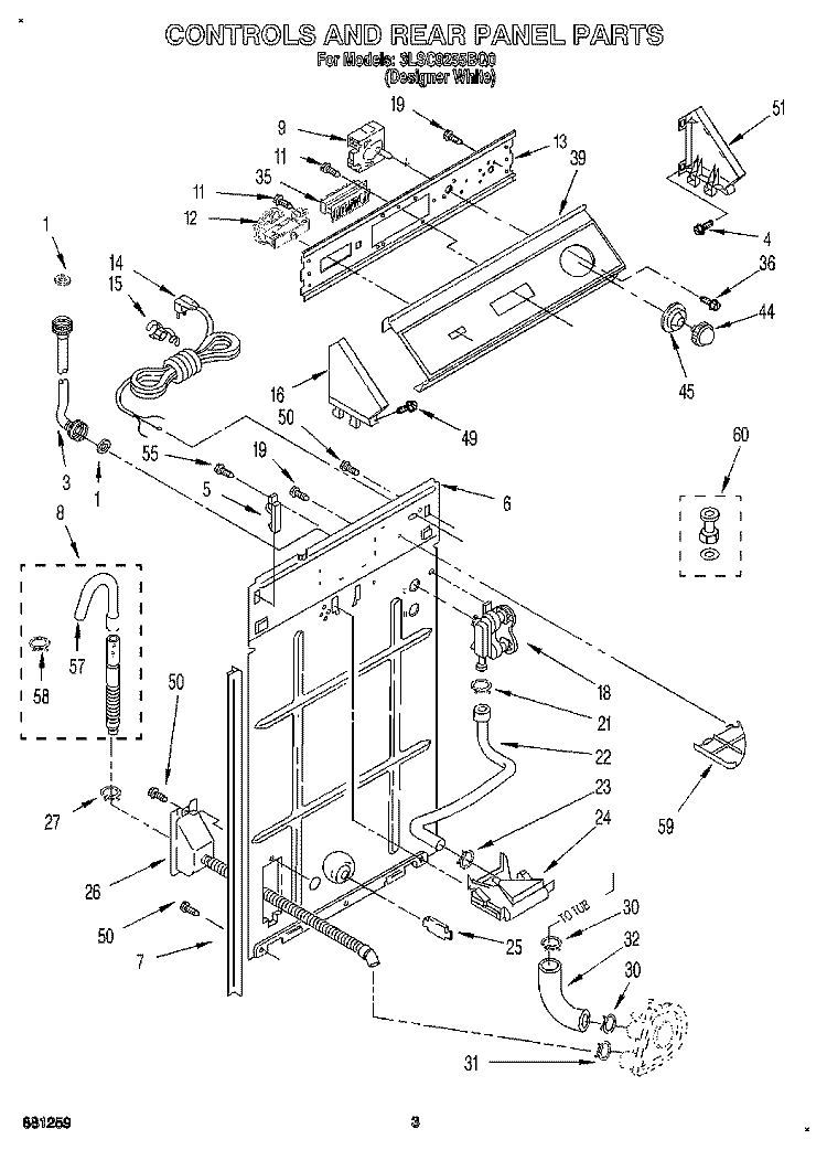 CONTROLS AND REAR PANEL Diagram and Parts List for 3LSC9255BQ0  Whirlpool Washer