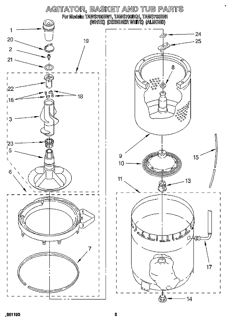 AGITATOR, BASKET AND TUB Diagram and Parts List for TAWS700BN1  Estate Washer
