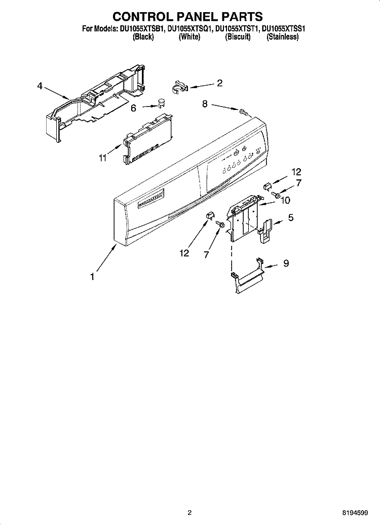 CONTROL PANEL PARTS Diagram and Parts List for DU1055XTSB1  Whirlpool Dishwasher