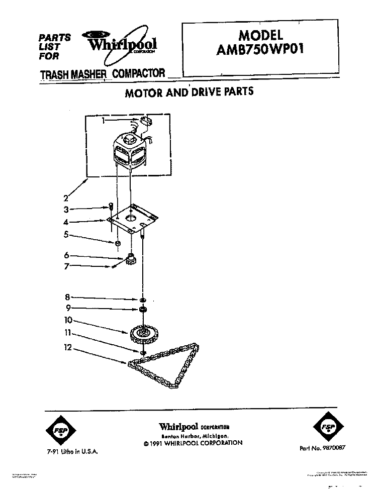 MOTOR AND DRIVE, LIT/OPTIONAL Diagram and Parts List for AMB750WP01  Whirlpool Trash Compactor