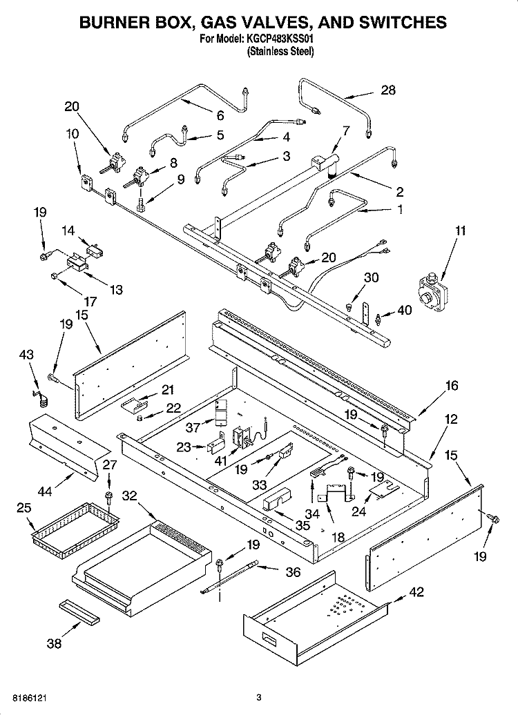BURNER BOX, GAS VALVES, AND SWITCHES Diagram and Parts List for KGCP483KSS01  KitchenAid Cooktop