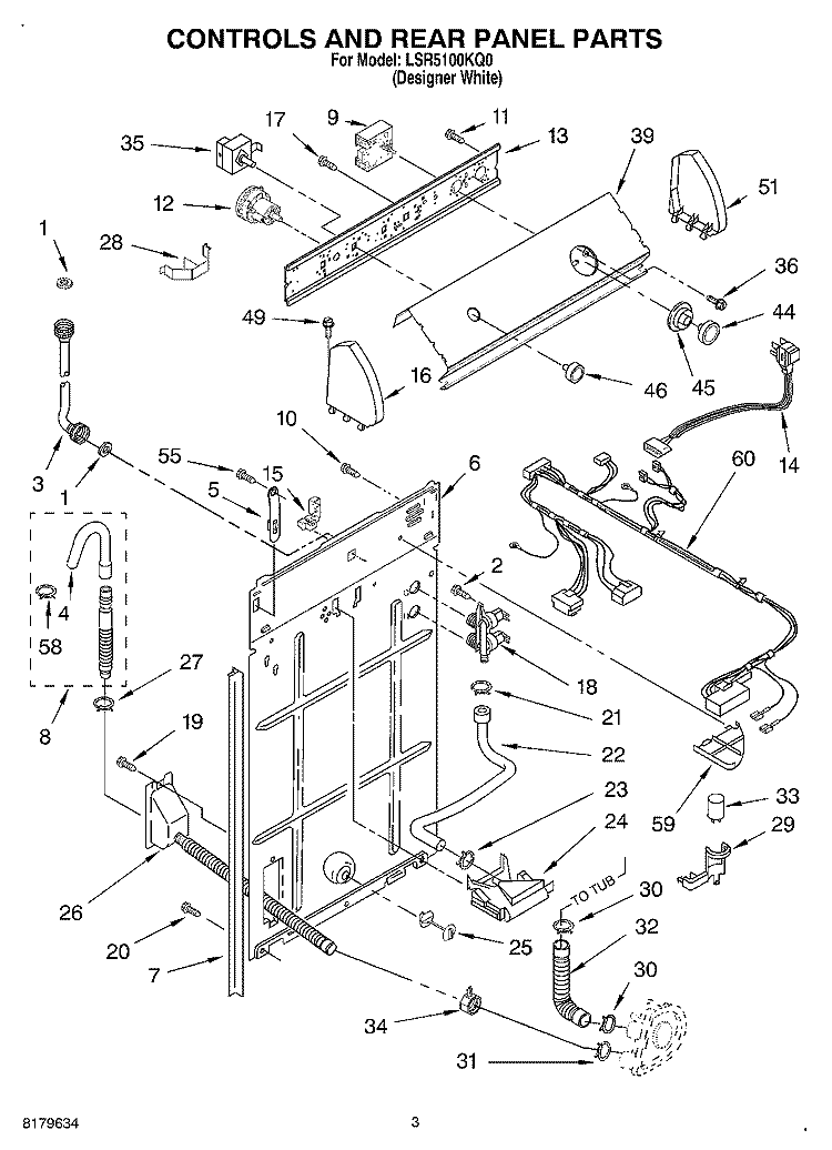 CONTROLS AND REAR PANEL Diagram and Parts List for LSR5100KQ0  Whirlpool Washer