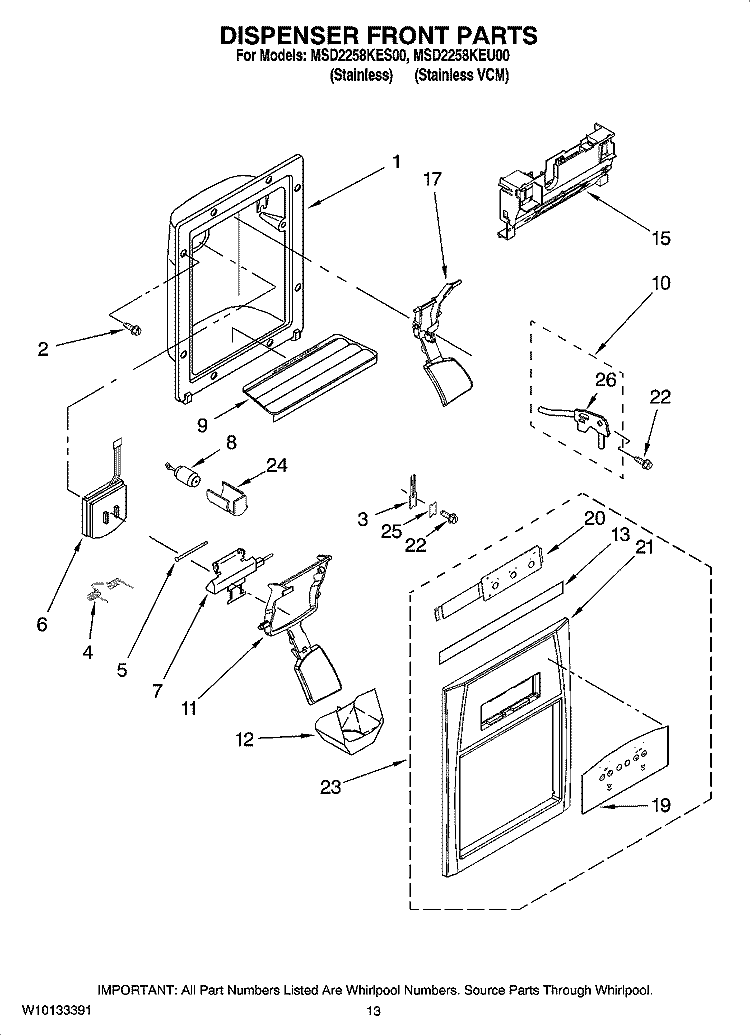 DISPENSER FRONT PARTS Diagram and Parts List for MSD2258KEU00  Whirlpool Refrigerator