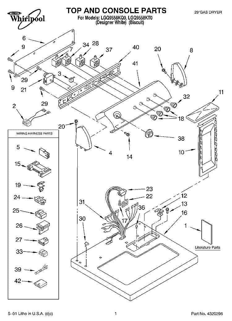 TOP AND CONSOLE, LIT/OPTIONAL Diagram and Parts List for LGQ9558KQ0  Whirlpool Dryer
