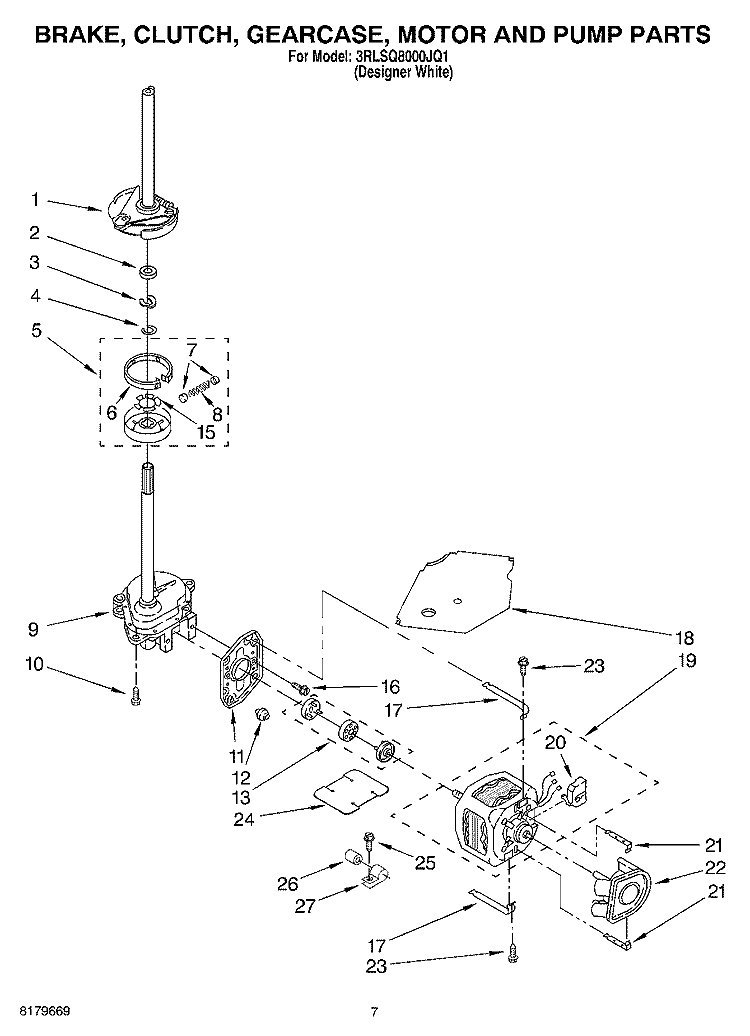 BRAKE, CLUTCH, GEARCASE, MOTOR AND PUMP Diagram and Parts List for 3RLSQ8000JQ1  Whirlpool Washer