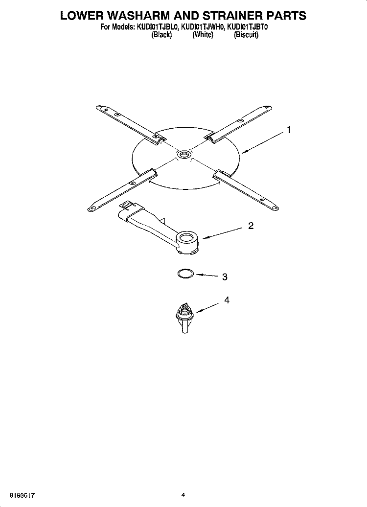 LOWER WASHARM AND STRAINER PARTS Diagram and Parts List for KUDI01TJBL0  KitchenAid Dishwasher