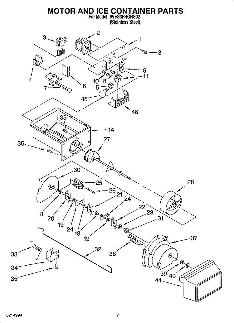MOTOR AND ICE CONTAINER PARTS Diagram and Parts List for 5VES3FHGRS02  Whirlpool Refrigerator