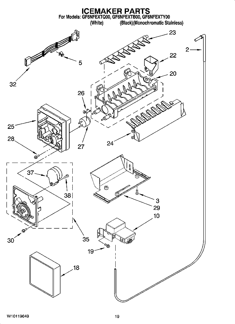 ICEMAKER PARTS, OPTIONAL PARTS (NOT INCLUDED) Diagram and Parts List for GF6NFEXTB00  Whirlpool Refrigerator
