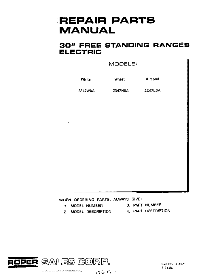 POWER LOCK Diagram and Parts List for 2347W0A  Roper Range