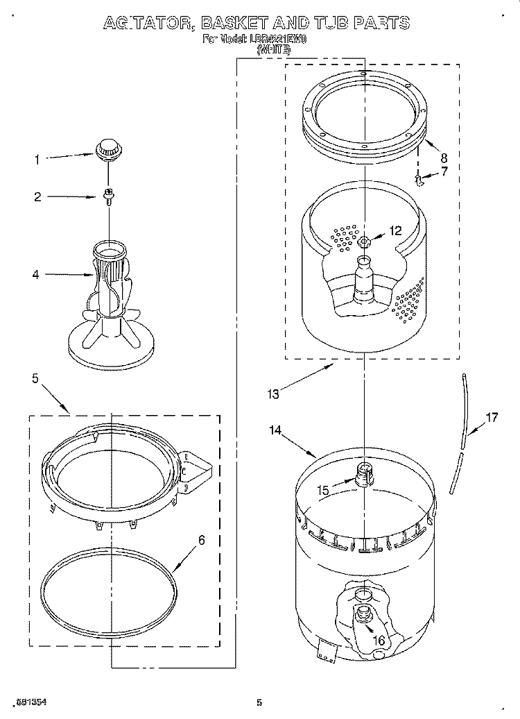 AGITATOR, BASKET AND TUB Diagram and Parts List for LBR4221EW0  Whirlpool Washer