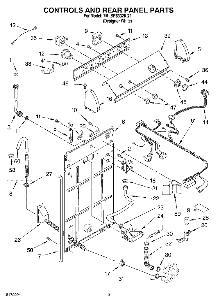 CONTROLS AND REAR PANEL PARTS Diagram and Parts List for 7MLSR6332KQ2  Whirlpool Washer
