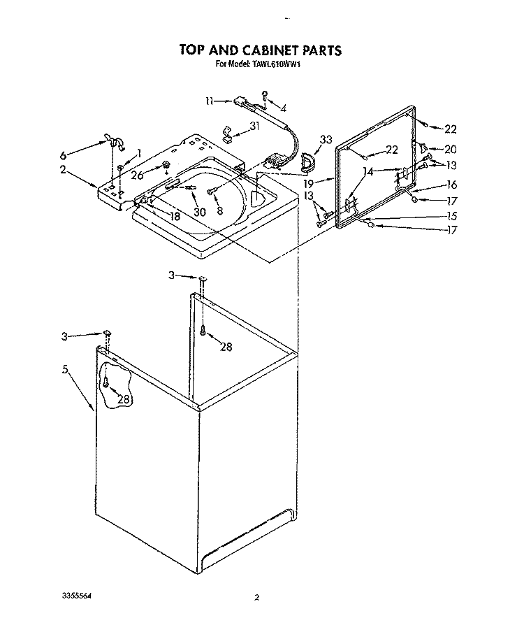 TOP AND CABINET, LIT/OPTIONAL Diagram and Parts List for TAWL610WG1  Whirlpool Washer