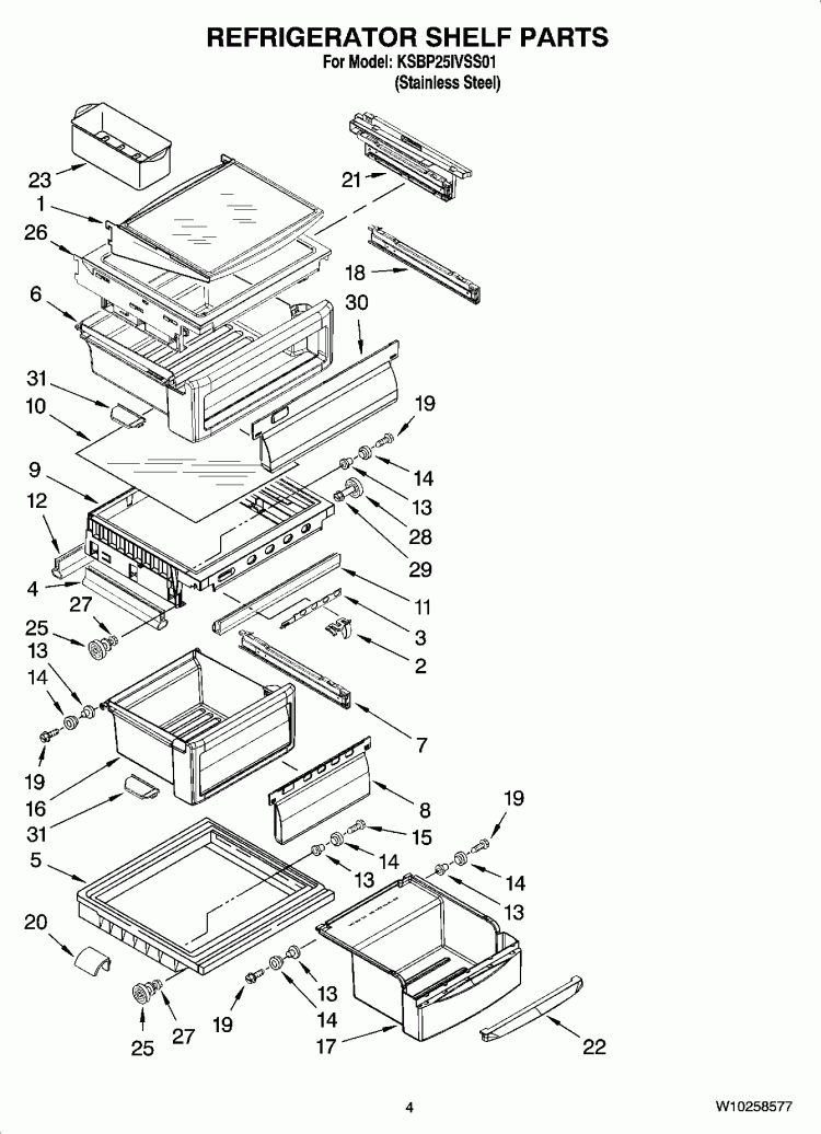 REFRIGERATOR SHELF PARTS Diagram and Parts List for KSBP25IVSS01  KitchenAid Refrigerator