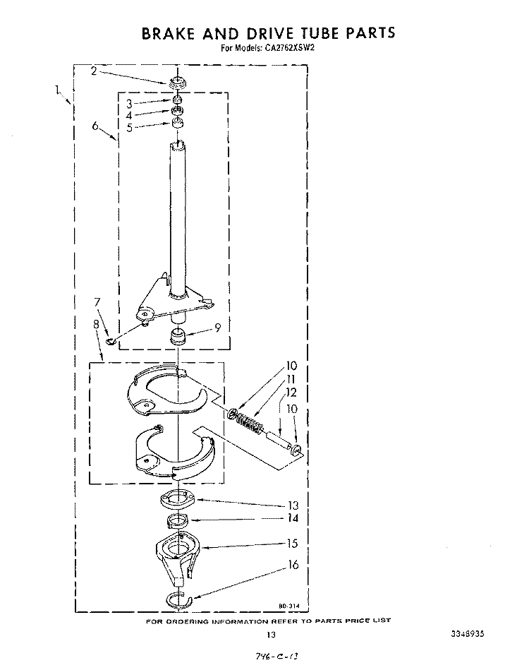 BRAKE AND DRIVE TUBE Diagram and Parts List for CA2762XSW2  Whirlpool Washer
