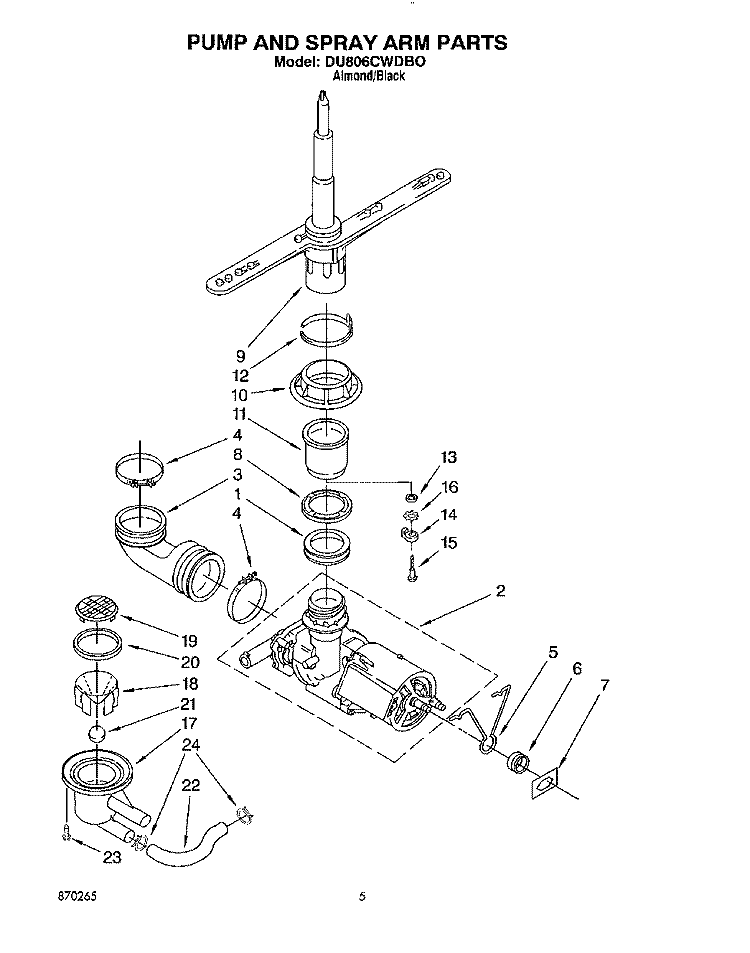 PUMP AND SPRAY ARM Diagram and Parts List for DU806CWDB0  Whirlpool Dishwasher