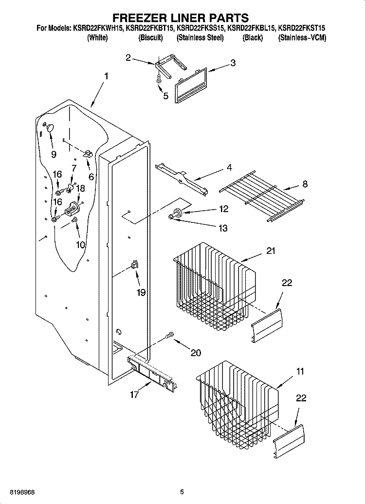 FREEZER LINER PARTS Diagram and Parts List for KSRD22FKBL15  KitchenAid Refrigerator