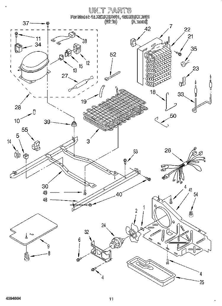 UNIT Diagram and Parts List for 4ED20ZKXDN01  Whirlpool Refrigerator