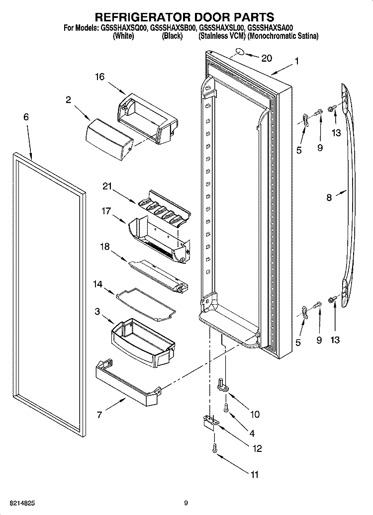 REFRIGERATOR DOOR PARTS Diagram and Parts List for GS5SHAXSA00  Whirlpool Refrigerator
