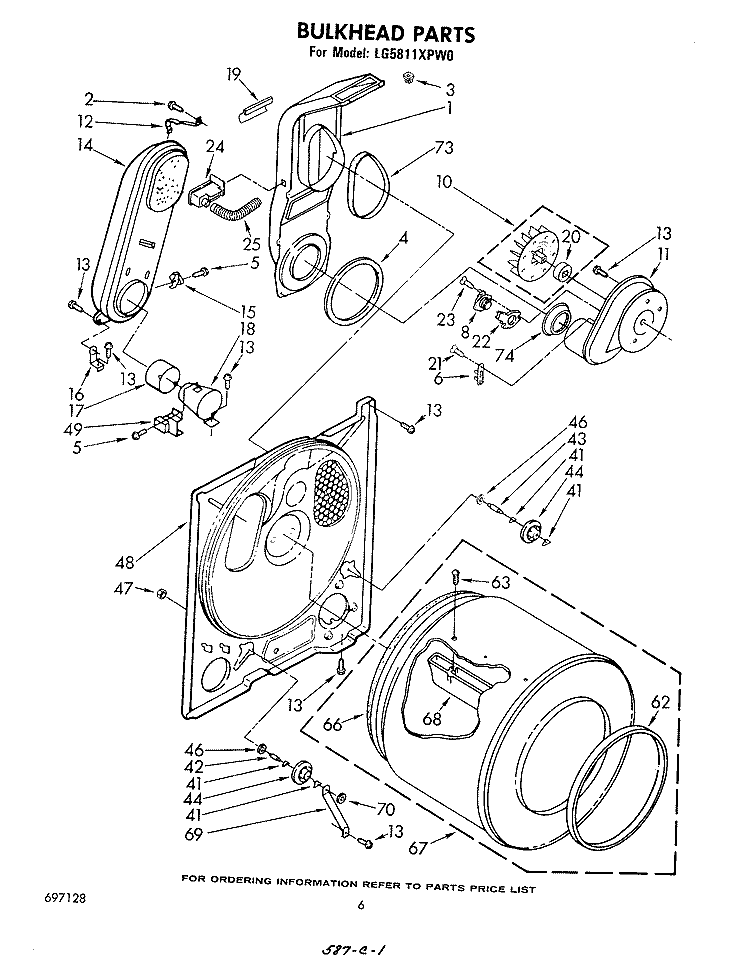BULKHEAD Diagram and Parts List for LG5811XPW0  Whirlpool Dryer