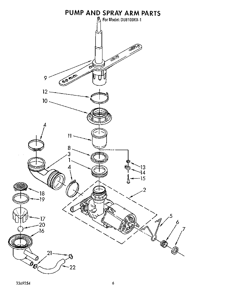 PUMP AND SPRAY ARM Diagram and Parts List for DU8100XX1  Whirlpool Dishwasher