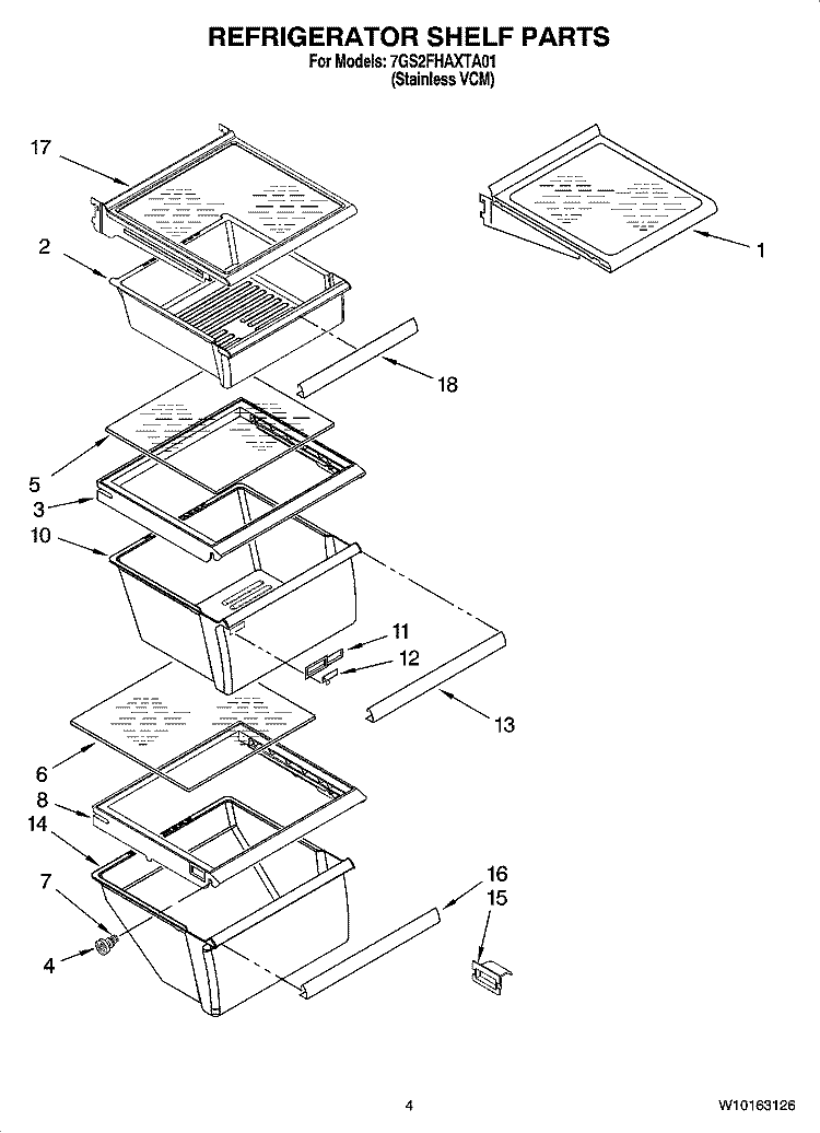 REFRIGERATOR SHELF PARTS Diagram and Parts List for 7GS2FHAXTA01  Whirlpool Refrigerator