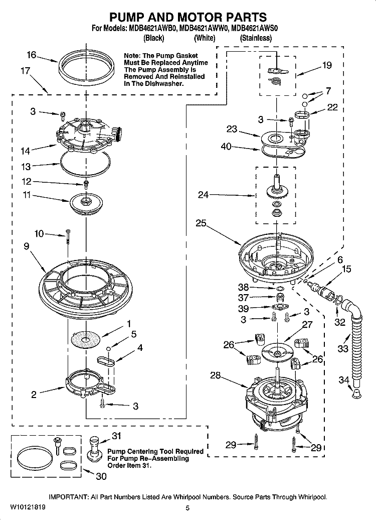 PUMP AND MOTOR PARTS Diagram and Parts List for MDB4621AWS0  Whirlpool Dishwasher
