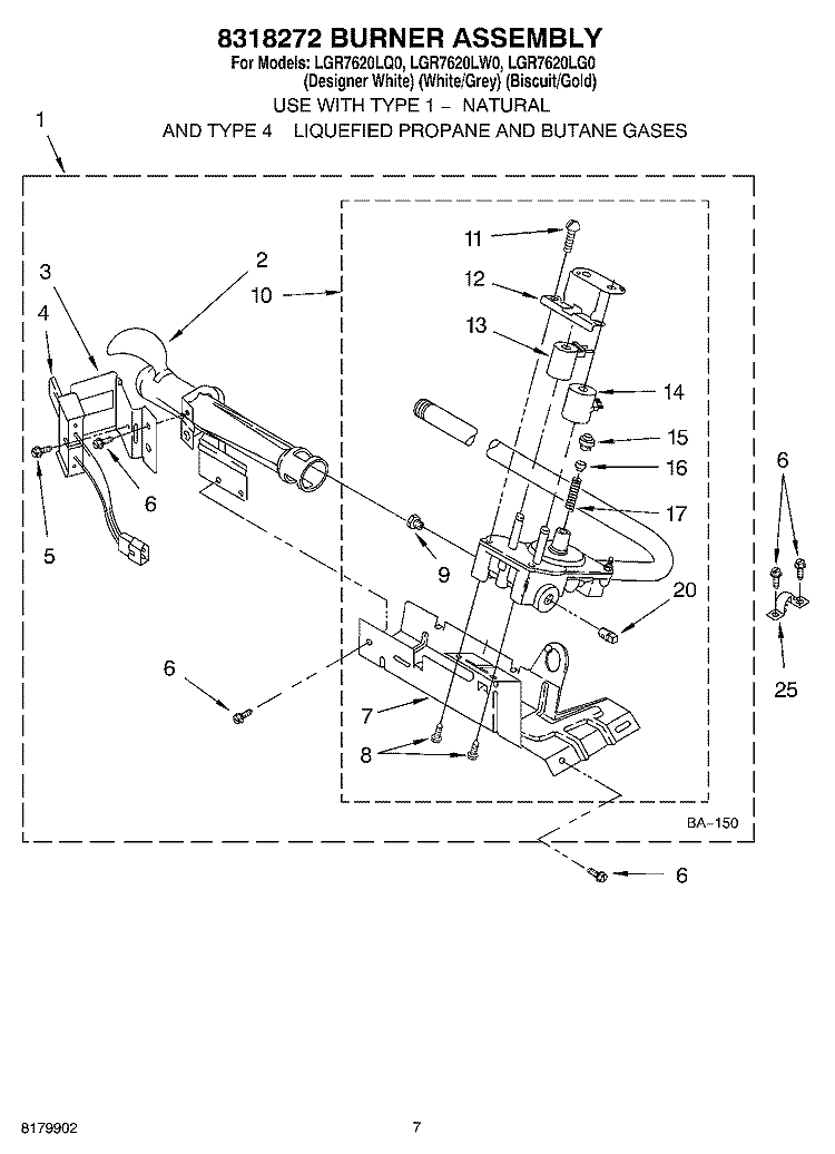 8318272 BURNER ASSEMBLY Diagram and Parts List for LGR7620LQ0  Whirlpool Dryer