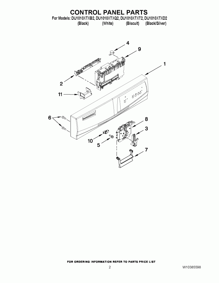 CONTROL PANEL PARTS Diagram and Parts List for DU1010XTXT2  Whirlpool Dishwasher