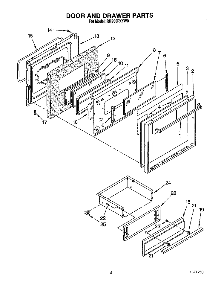 DOOR AND DRAWER Diagram and Parts List for RM980PXYN0  Whirlpool Microwave Oven Combo