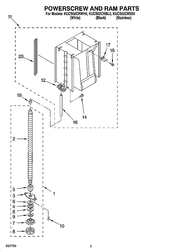 POWERSCREW AND RAM PARTS Diagram and Parts List for KUCS02CRSS0  KitchenAid Trash Compactor