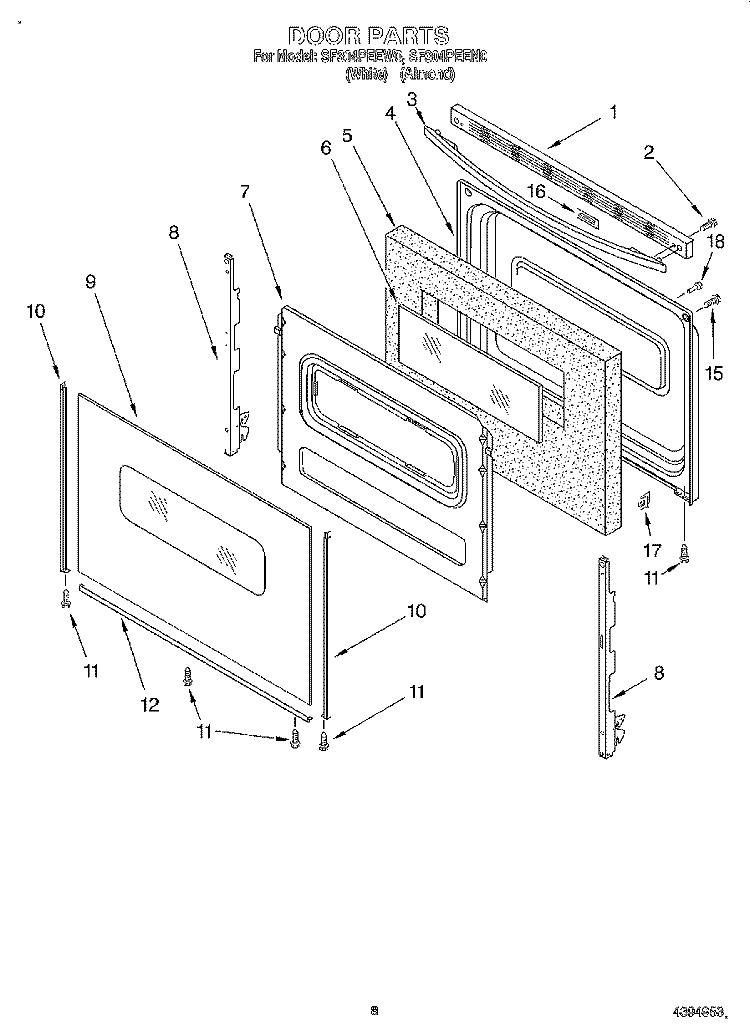 DOOR, LIT/OPTIONAL Diagram and Parts List for SF304PEEW0  Whirlpool Range