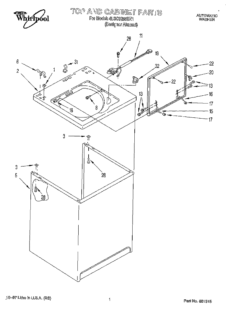 TOP AND CABINET Diagram and Parts List for 4LSC9255DZ1  Whirlpool Washer