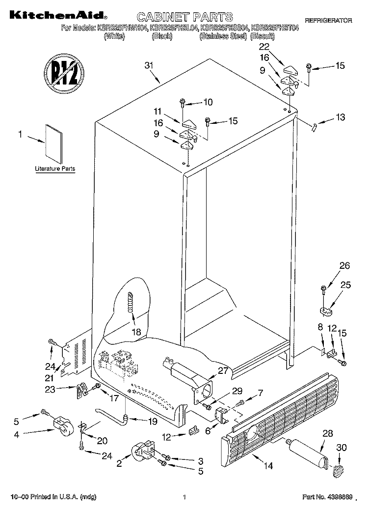 CABINET, LITERATURE Diagram and Parts List for KSRB25FHBL04  KitchenAid Refrigerator
