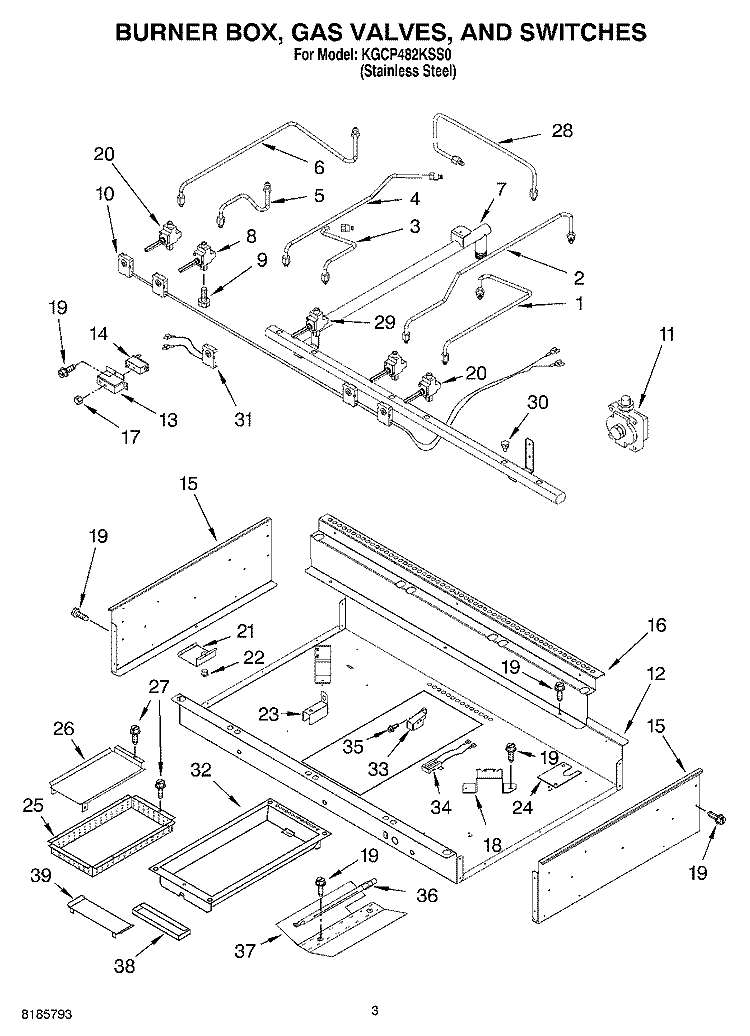 BURNER BOX, GAS VALVES, AND SWITCHES Diagram and Parts List for KGCP482KSS0  KitchenAid Cooktop