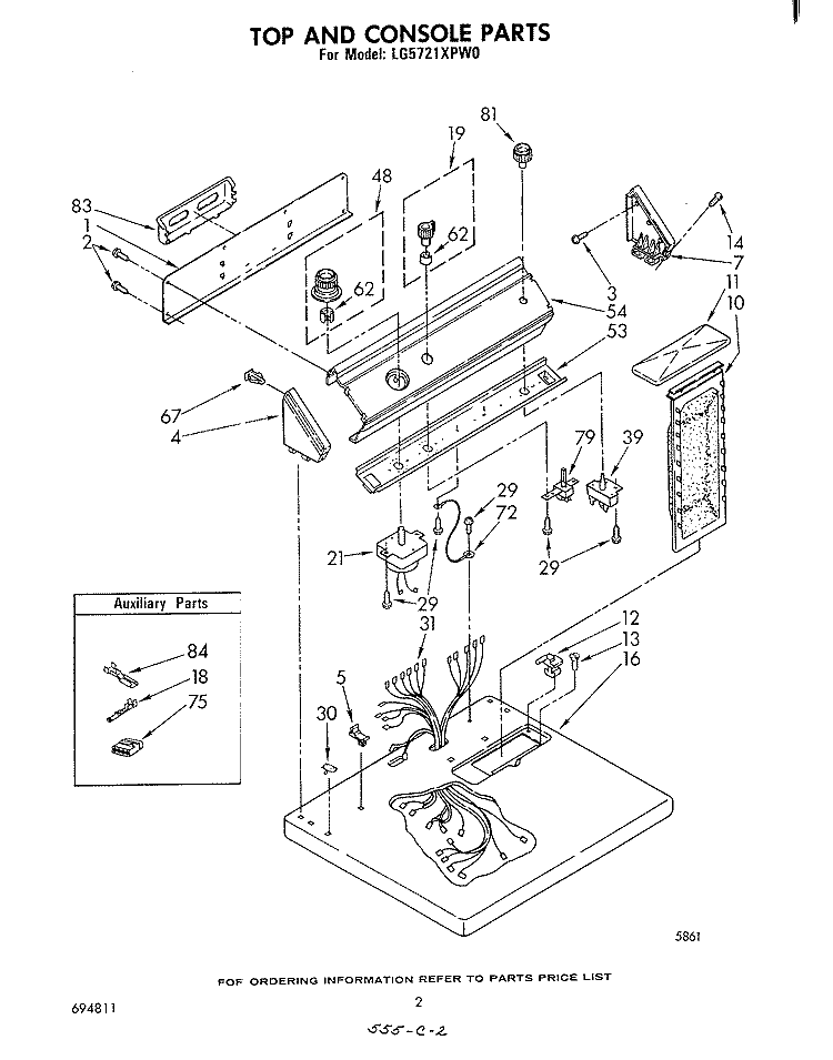 TOP AND CONSOLE , LITERATURE AND OPTIONAL Diagram and Parts List for LG5721XPW0  Whirlpool Dryer