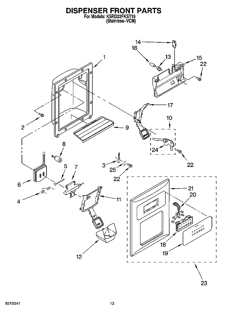 DISPENSER FRONT PARTS Diagram and Parts List for KSRD22FKST19  KitchenAid Refrigerator