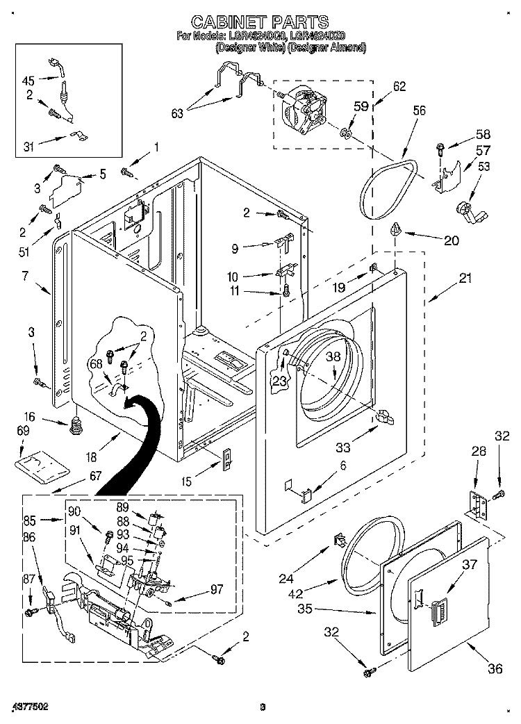 CABINET Diagram and Parts List for LGR4624DQ0  Whirlpool Dryer