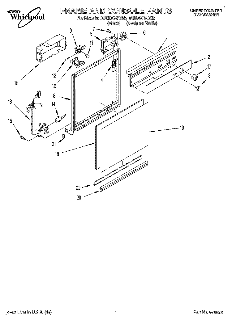 FRAME AND CONSOLE Diagram and Parts List for DU806CWDB5  Whirlpool Dishwasher