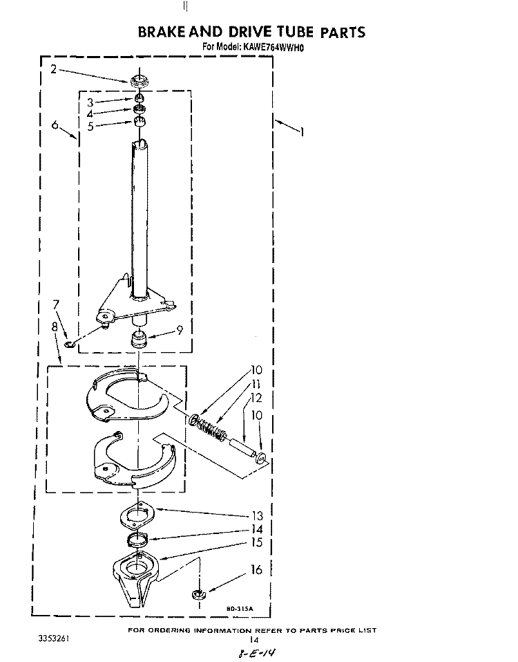 BRAKE AND DRIVE TUBE Diagram and Parts List for KAWE764WWH0  KitchenAid Washer