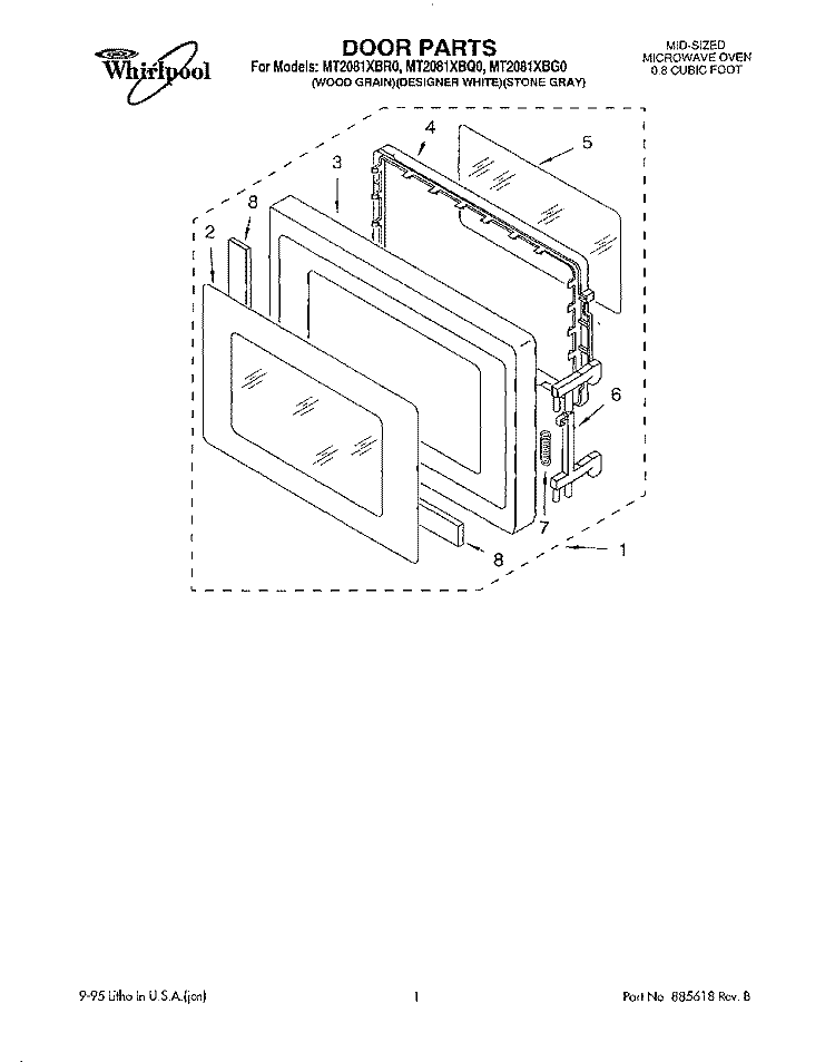 DOOR, LITERATURE Diagram and Parts List for MT2081XBR0  Whirlpool Microwave