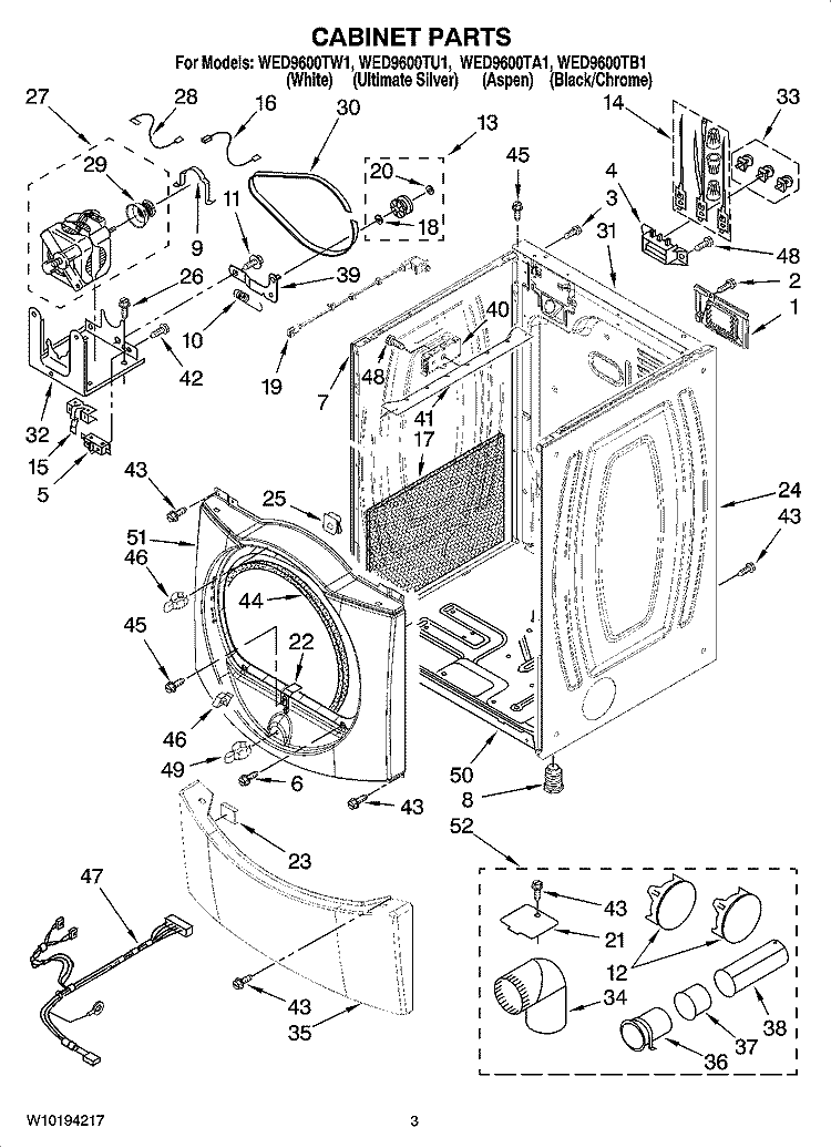 CABINET PARTS Diagram and Parts List for WED9600TU1  Whirlpool Dryer