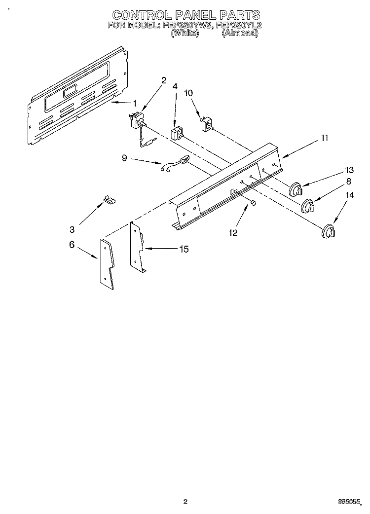 CONTROL PANEL Diagram and Parts List for FEP320YW2  Roper Range