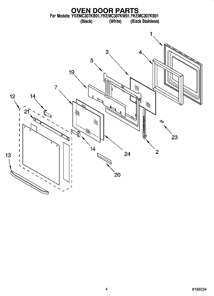 OVEN DOOR PARTS Diagram and Parts List for YKEMC307KW01  KitchenAid Microwave Oven Combo