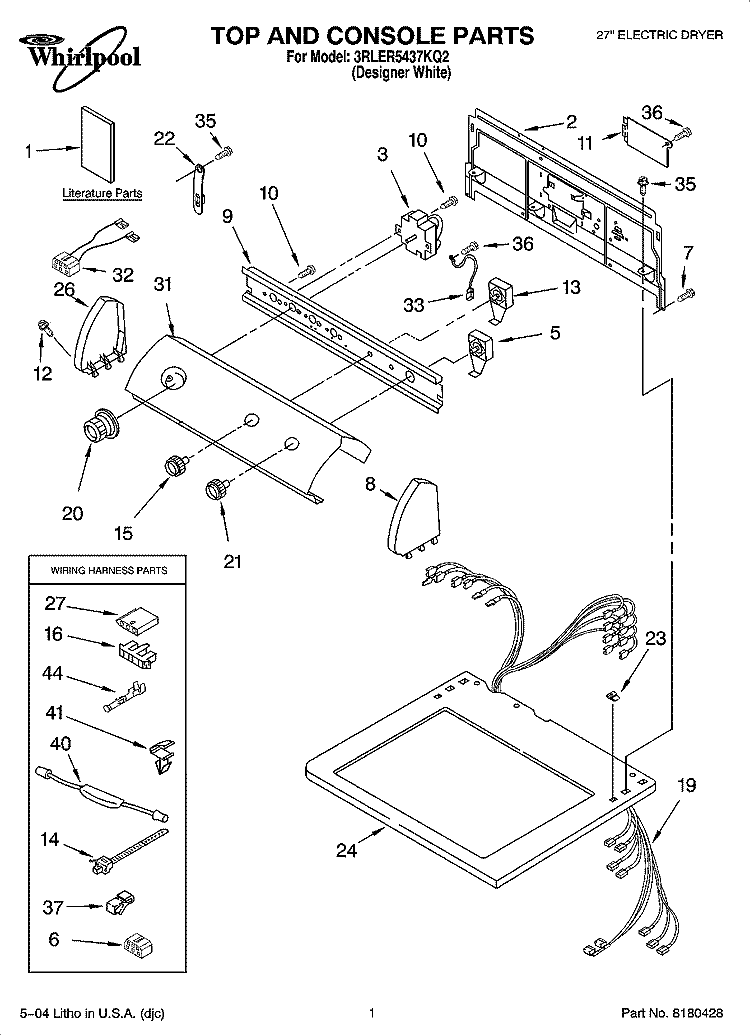 TOP AND CONSOLE PARTS Diagram and Parts List for 3RLER5437KQ2  Whirlpool Dryer