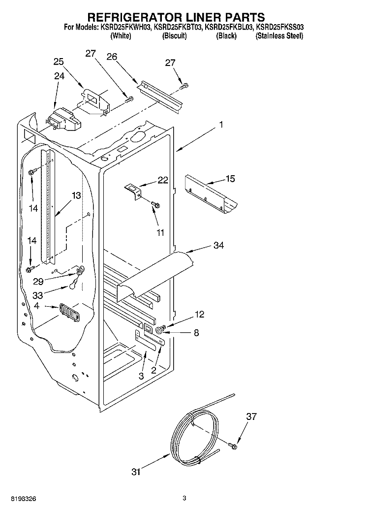REFRIGERATOR LINER PARTS Diagram and Parts List for KSRD25FKSS03  KitchenAid Refrigerator