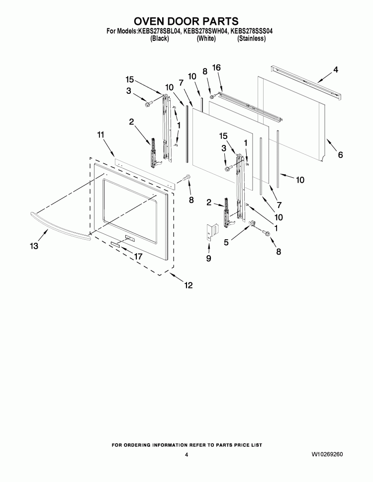 OVEN DOOR PARTS Diagram and Parts List for KEBS278SSS04  KitchenAid Wall Oven