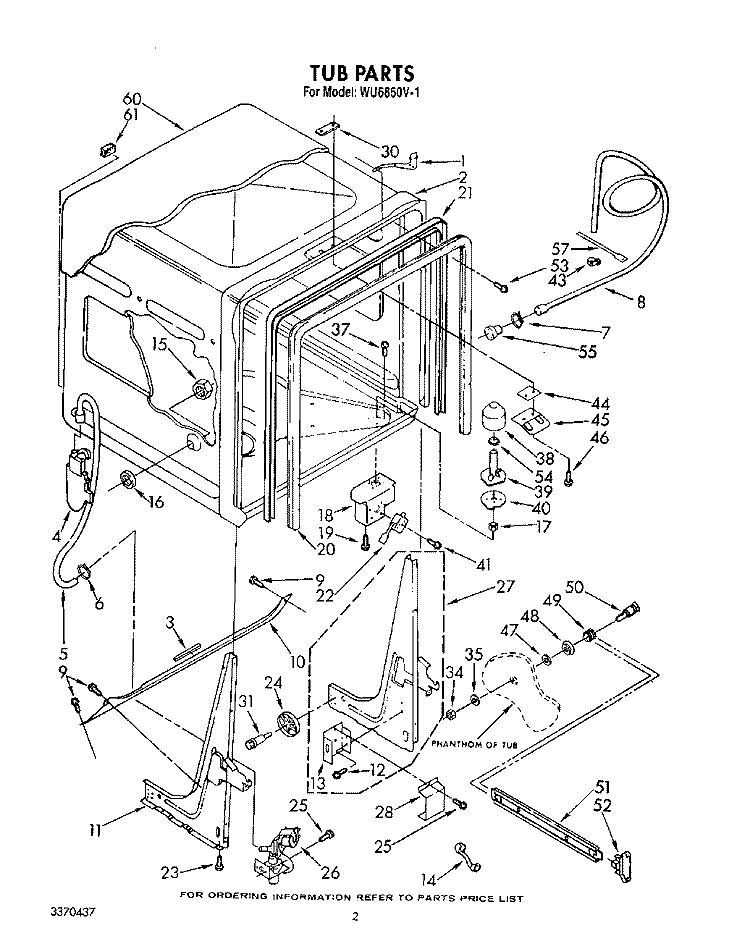 TUB, LIT/OPTIONAL Diagram and Parts List for WU6850V1  Roper Dishwasher