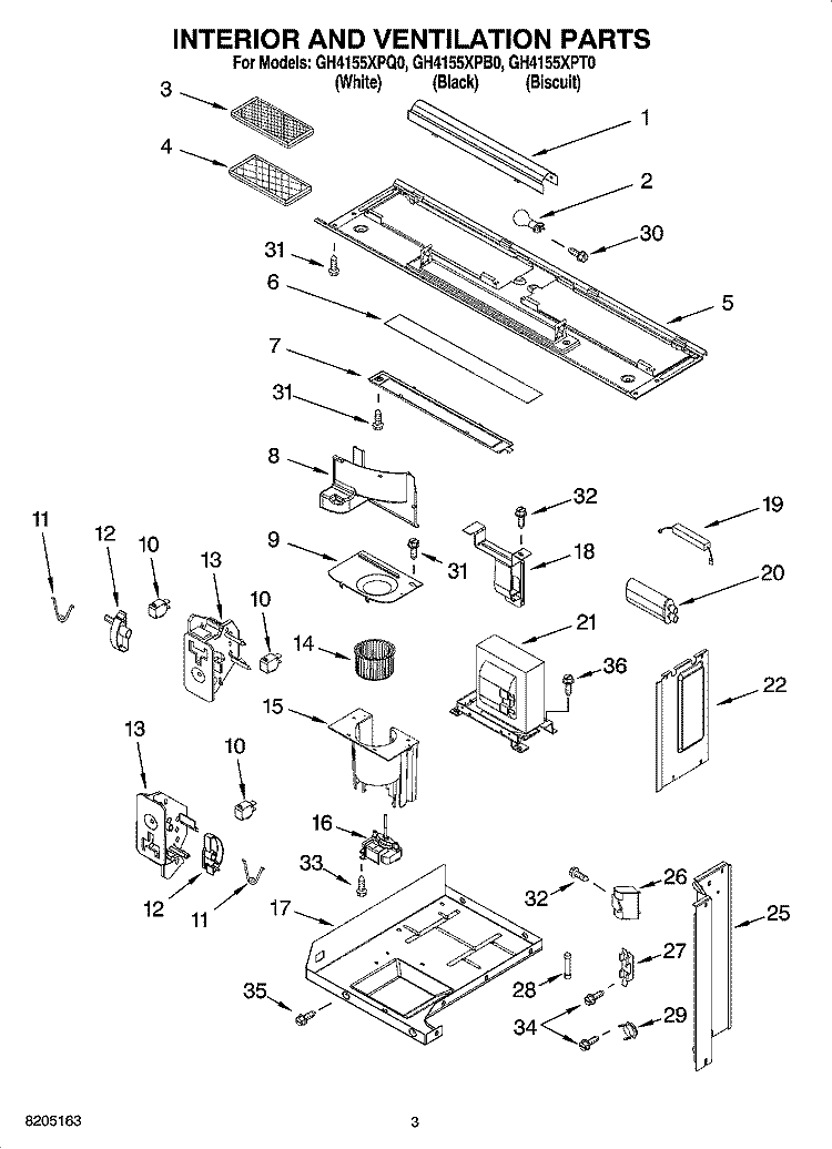 INTERIOR AND VENTILATION PARTS Diagram and Parts List for GH4155XPQ0  Whirlpool Microwave