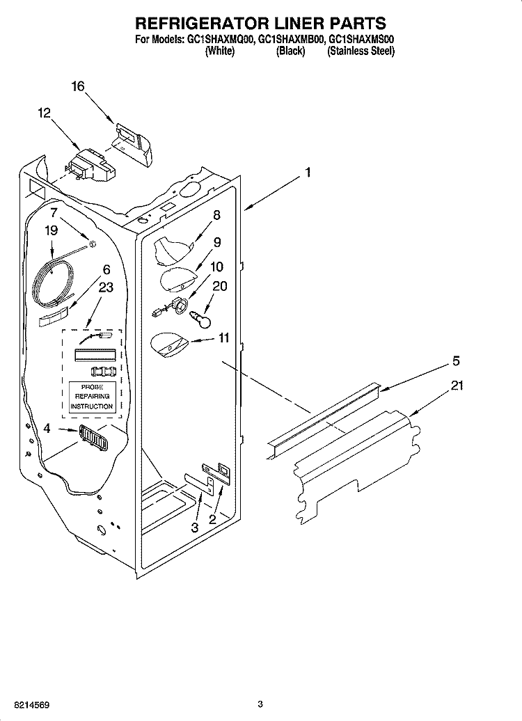 REFRIGERATOR LINER PARTS Diagram and Parts List for GC1SHAXMB00  Whirlpool Refrigerator